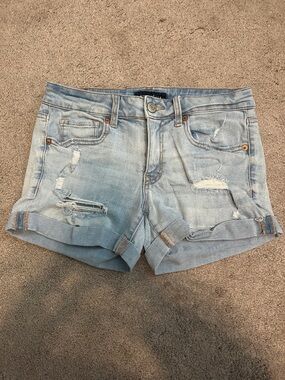 Aeropostale Light Wash Distressed Rolled-Hem Jean Shorts
